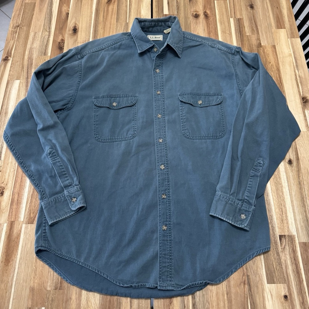 Vintage LL Bean Work Shirt Mens L Tall Green Long Sleeve Button Up Pockets 90s